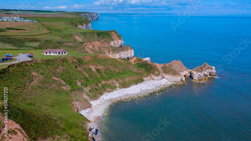 Aerial view of the cliffs at Thornwick Bay near Flamborough Head in Yorkshire on the northeast coast of England. 