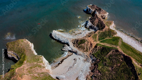 Aerial view of the cliffs at Thornwick Bay near Flamborough Head in Yorkshire on the northeast coast of England. 
