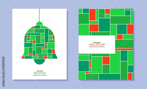 Set of Christmas posters in bauhaus style. New year cards collection in red and green colour geometric shapes. Bright Christmas bell on white background and mosaic grid pattern. Vector retro flyers.