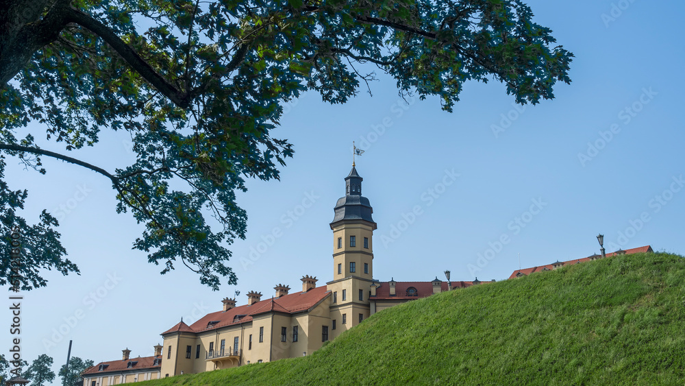 Public place of Nesvizh Castle, Belarus. Medieval castle and palace. Restored medieval fortress. Heritage concepts.