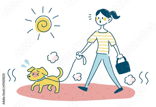 犬　散歩　アスファルト　熱中症　イラスト