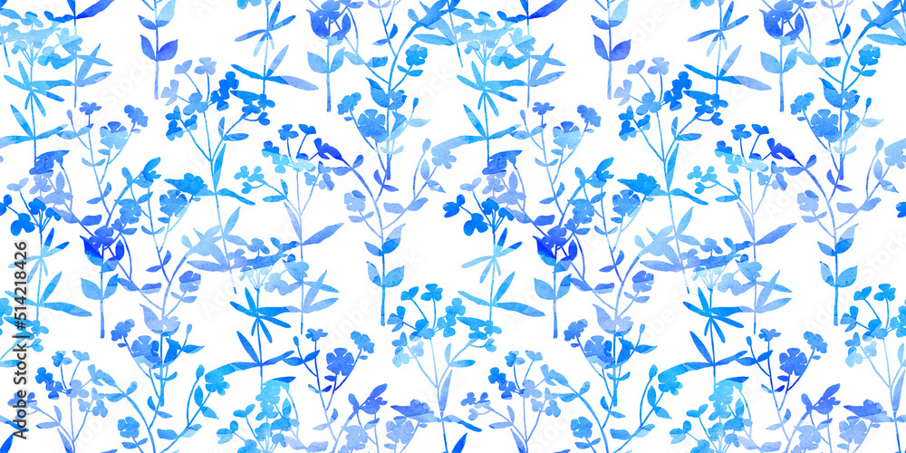 Watercolor blue flowers silhouette seamless pattern