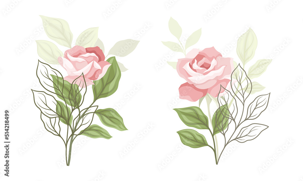 Pink Rose Blossom on Stem with Green Leaf as Garden Flora Vector Set