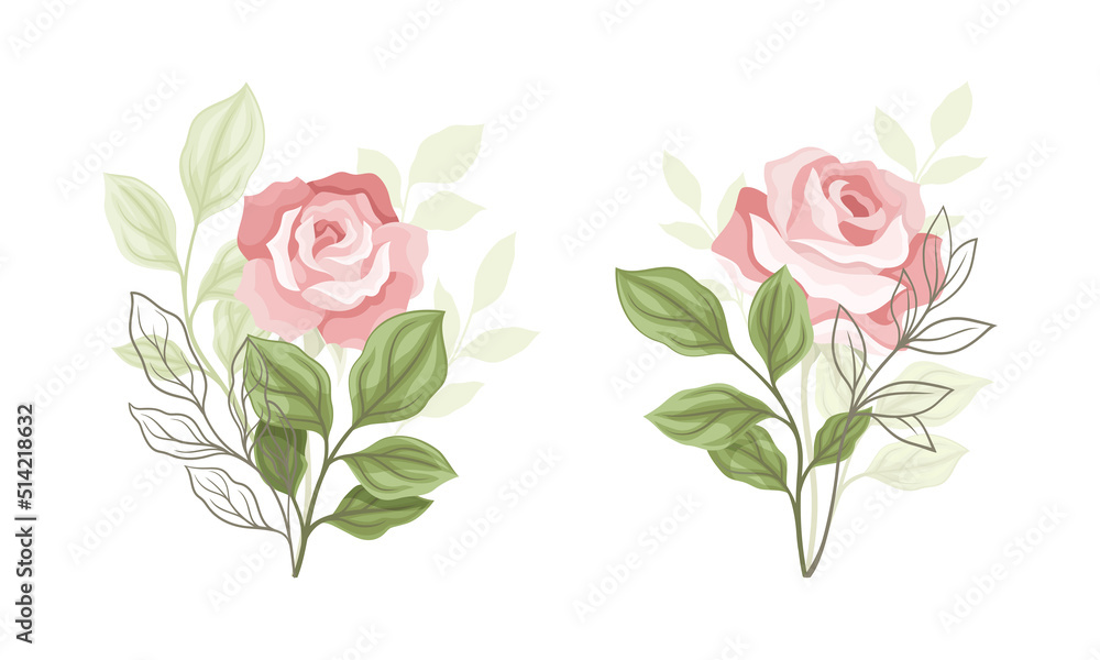 Pink Rose Blossom on Stem with Green Leaf as Garden Flora Vector Set Pink Rose Blossom on Stem with Green Leaf as Garden Flora Vector Set