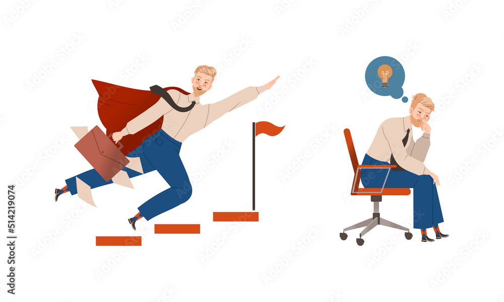Fototapeta premium Man Office Employee Character in Cloak Rushing Toward Goal and Sitting on Chair Thinking of Idea Vector Set