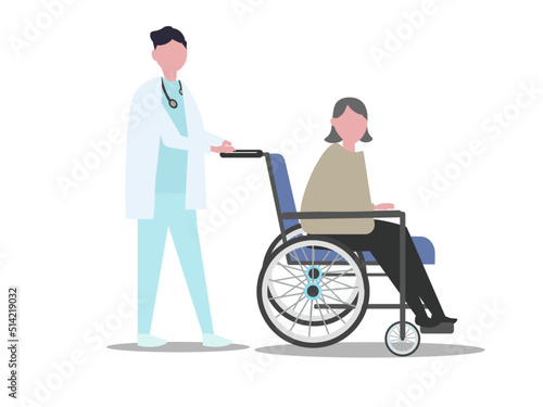 高齢者が乗る車椅子を押す医者 老人 病院 介護 お年寄り おばあさん 看護士 ベクターイラスト