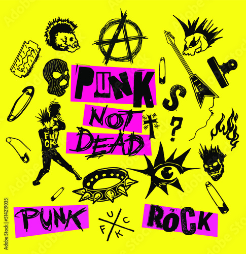 Vector black on yellow set of punk and anarchy symbols, skulls, guitars and typography design in the style of 70s punk rock style.