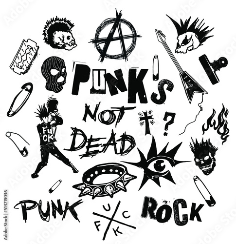 Vector black and white set of punk and anarchy symbols, skulls, guitars and typography design in the style of 70s punk rock style.