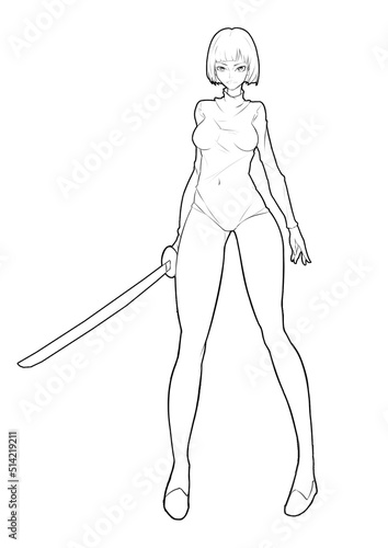 The girl is holding a sword. She has long bare legs and short hair. She's wearing a jacket and shoes. 2d illustration