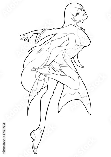 cute anime girl with long hair is flying. She is wearing a dress, stockings and shoes. She raised her hands like wings and smiles. 2d illustration