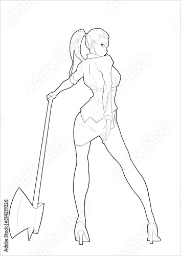 a girl in a skirt with an ax stands with her back. She is wearing a shirt and heels. Her hair is in a ponytail. 2d illustration