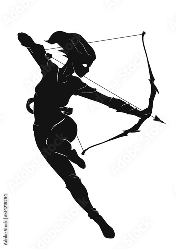 assassin girl jumping and shooting from a bow. She wears a mask and armor. She has flowing hair and belts. silhouette. 2d illustration