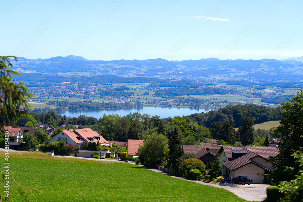 Scenic rural landscape with Lake Greifensee at Forch Küsnacht with mountain panorama in the background on a sunny summer day. Photo taken June 12th, 2022, Forch Küsnacht, Switzerland.