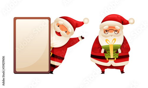 Santa Claus Character with White Beard in Red Hat Holding Gift Box and Peeking from Empty Signboard Vector Set