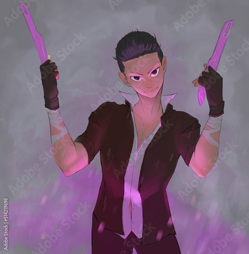 A guy in a shirt, leather jacket and gloves holds knives. He casts magic and his hair goes up. His knives glow and glisten. 2d illustration