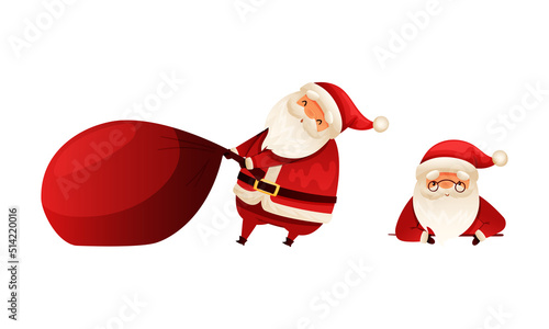 Santa Claus Character with White Beard in Red Hat Pulling Huge Sack with Presents and Peeking Vector Set