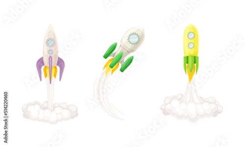 Rocket as Spacecraft with Engine Exhaust Launching and Flying in Space Vector Set