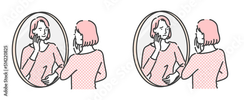 鏡を見ている女性のセット
