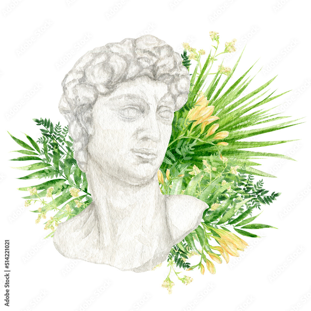 Ancient greek sculpture David goddess head with greenery bouquet