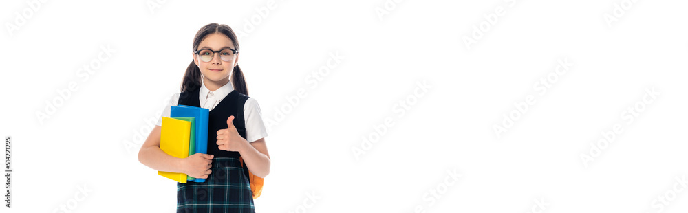 Schoolchild in eyeglasses showing like and holding books isolated on white, banner. Schoolchild in eyeglasses showing like and holding books isolated on white, banner.