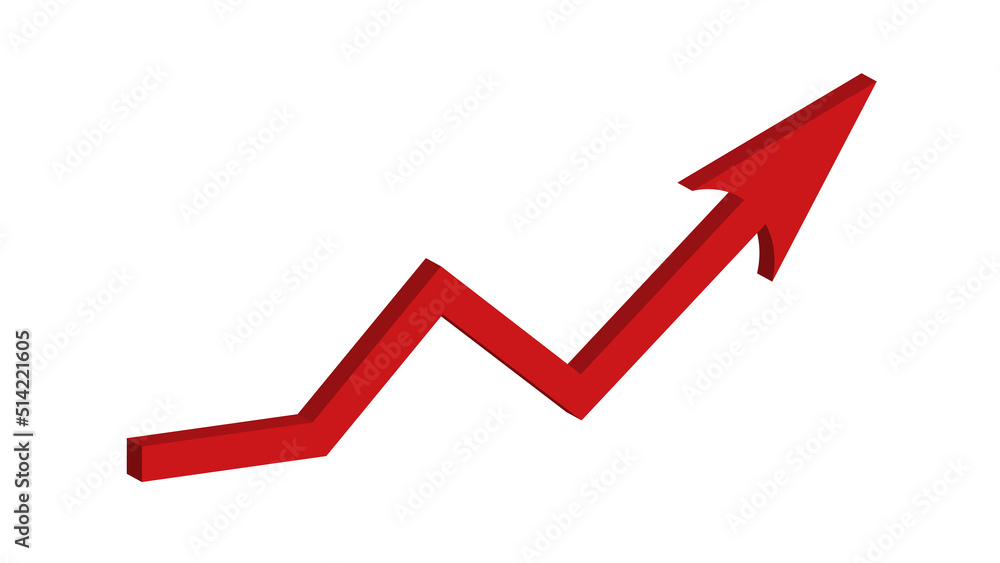 Red growing up 3d large arrow sign isolated on white background. Inflation Bar chart. Graph. Rising price. Finance and Economy. Market volatility. Financial planning and market. Global crisis concept Red growing up 3d large arrow sign isolated on white background. Inflation Bar chart. Graph. Rising price. Finance and Economy. Market volatility. Financial planning and market. Global crisis concept