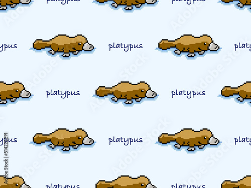 Platypus cartoon character seamless pattern on blue background. Pixel style