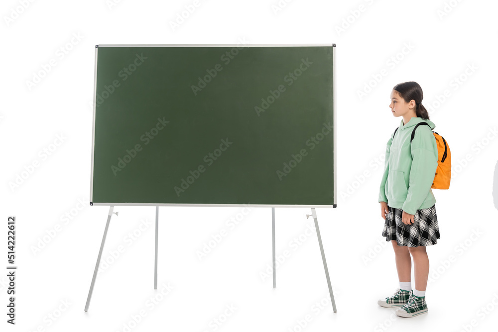 Side view of schoolkid with backpack standing near chalkboard on white background. Side view of schoolkid with backpack standing near chalkboard on white background.