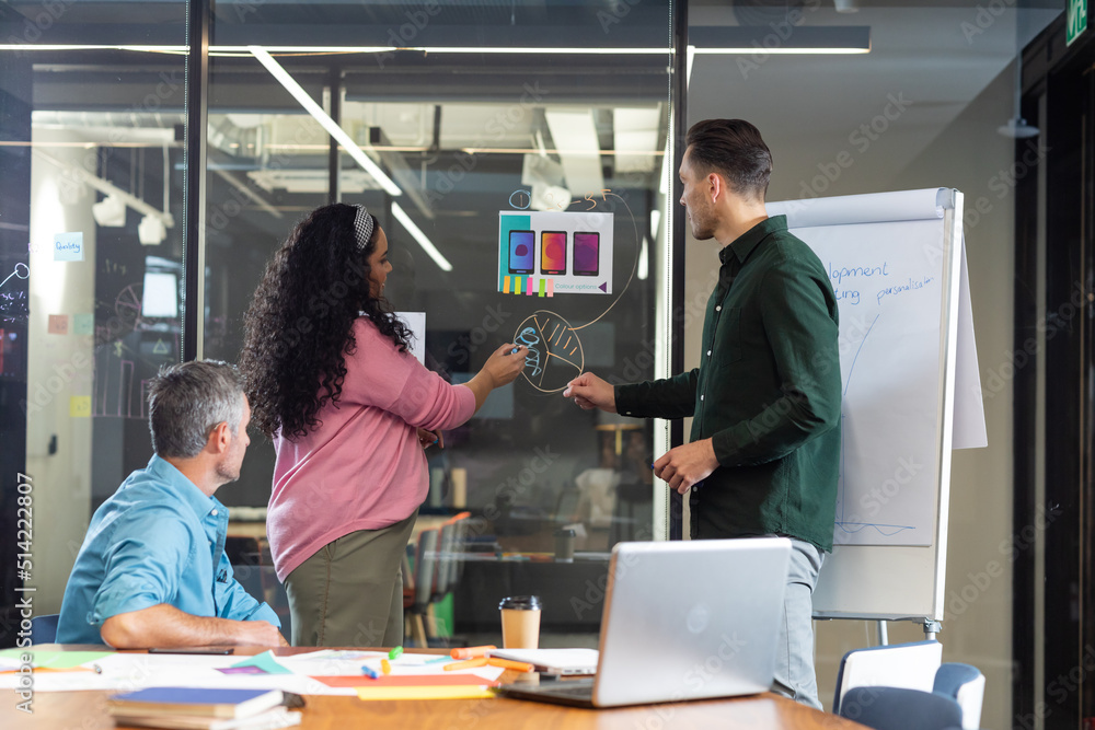 Multiracial colleagues explaining business plan to manager over diagram in meeting Multiracial colleagues explaining business plan to manager over diagram in meeting