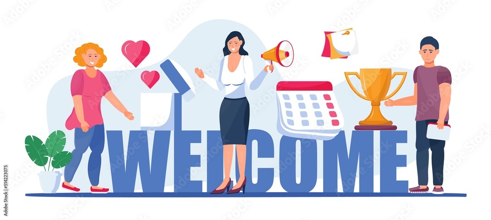 Welcome concept flat vector for app, website. Cartoon office teamwork and are greeting clients in online office, shop, co-working.