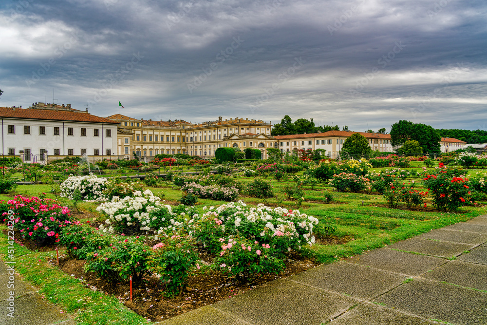 Monza,Italy,0529200 Rose garden of the royal villa of Monza which can be seen in the background
