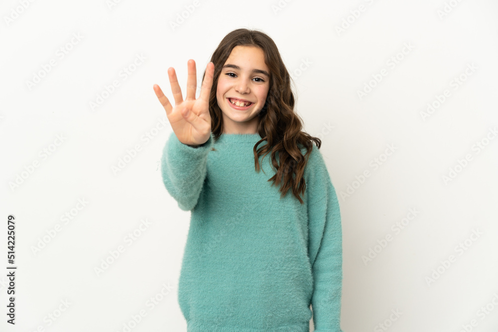 Little caucasian girl isolated on white background happy and counting four with fingers Little caucasian girl isolated on white background happy and counting four with fingers