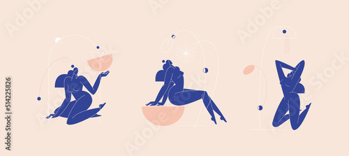Contemporary woman silhouette vector illustration set. Nude female body, blue colored feminine figure with geometric shape abstract composition.Beauty, body care concept pack for branding. Modern art