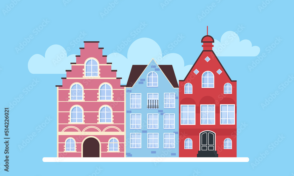 Scandinavian houses. View in the daytime. Vector illustration.