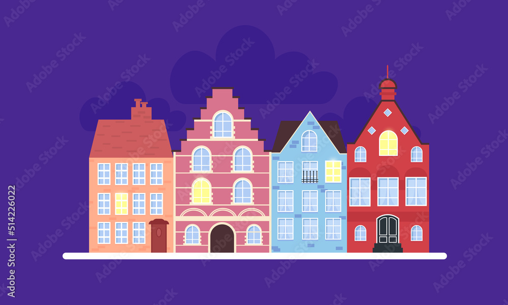 Scandinavian houses. View at night. Vector illustration.