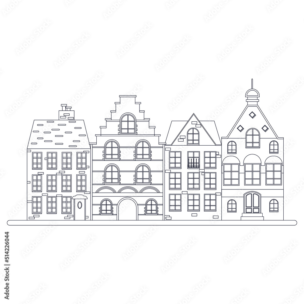 Scandinavian line style houses. Vector illustration.