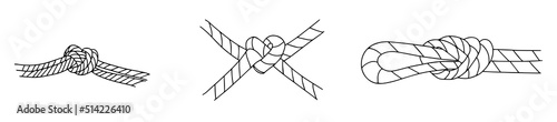 Set of nautical rope knots. Line design. Strong marine rope knots. Flat vector illustration isolated on white background.