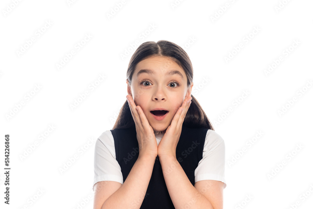 Excited schoolchild looking at camera isolated on white. Excited schoolchild looking at camera isolated on white.