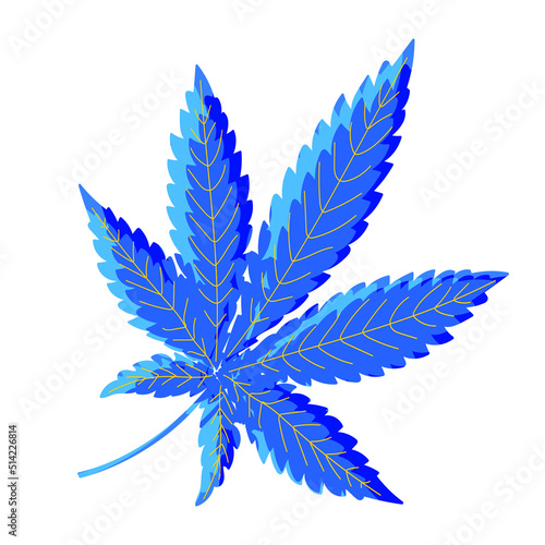 Marijuana blue leaf on a white background. Drawing of a narcotic plant for printing. Vector.