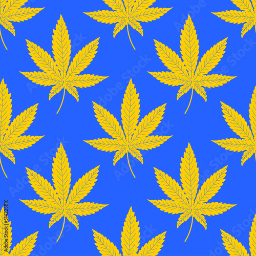 Yellow leaves of marijuana on a blue background. Seamless cute pattern with narcotic plants. Vector.