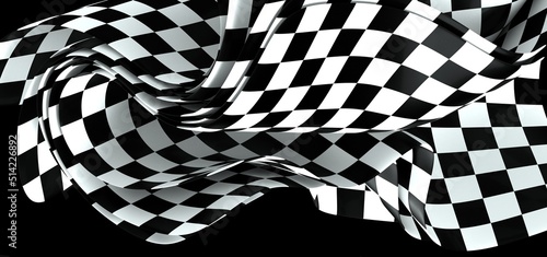 Black and white checkered curved flag or ribbon, sport banner on dark background © vegefox.com