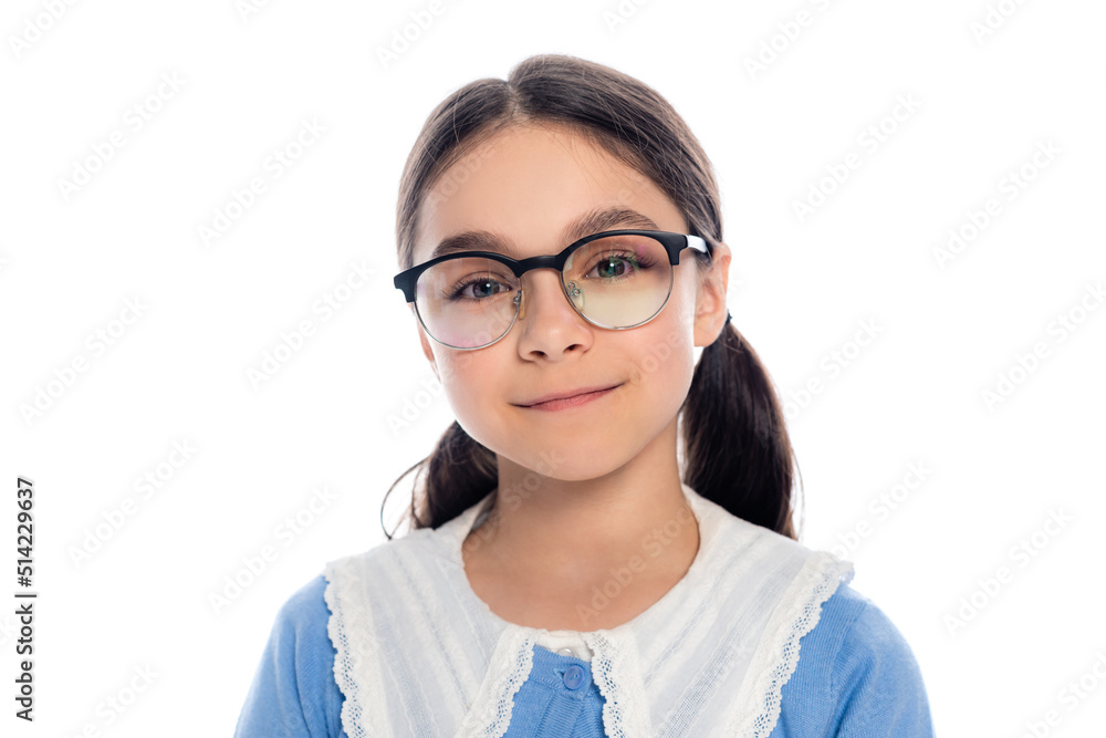 Portrait of smiling preteen schoolchild in eyeglasses looking at camera isolated on white. Portrait of smiling preteen schoolchild in eyeglasses looking at camera isolated on white.