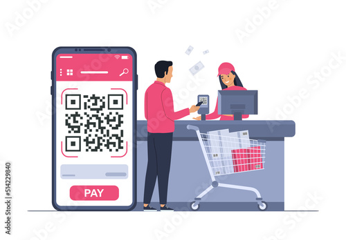 The concept of paying for goods in the store through a QR code. Vector illustration.
