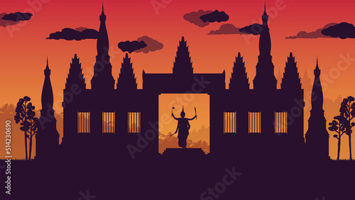 silhouette of traditional Thai Dance and ancient temple on gradient background