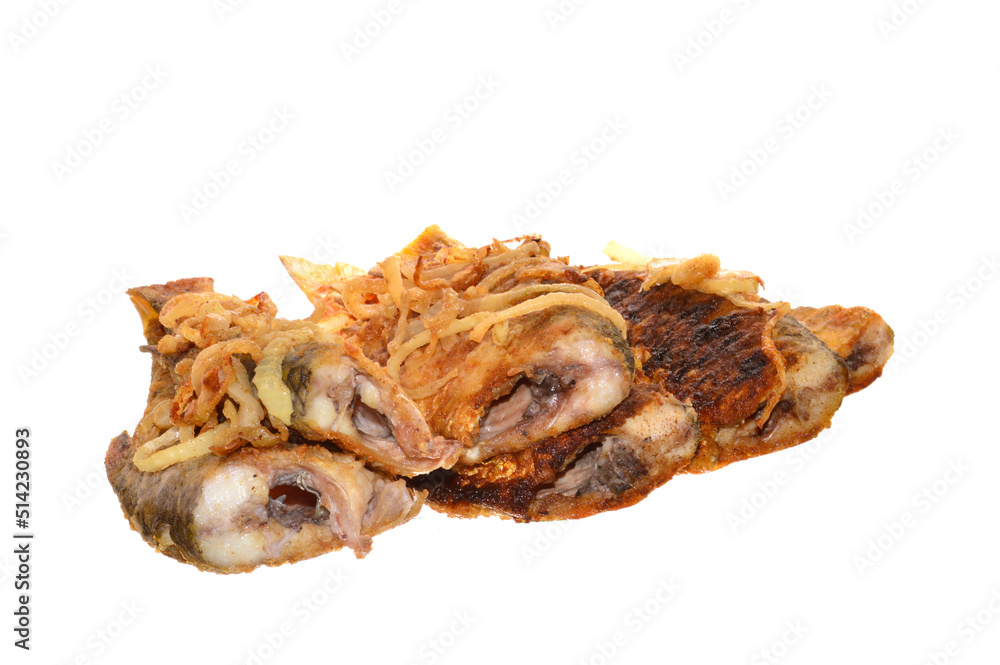 fried fish meat isolated on white background