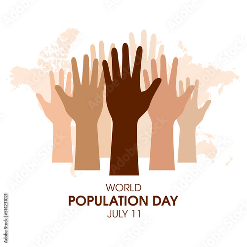 World Population Day vector. Raised hands vector. Human hands with different skin colors silhouette icon vector. Global overpopulation design element. July 11. Important day