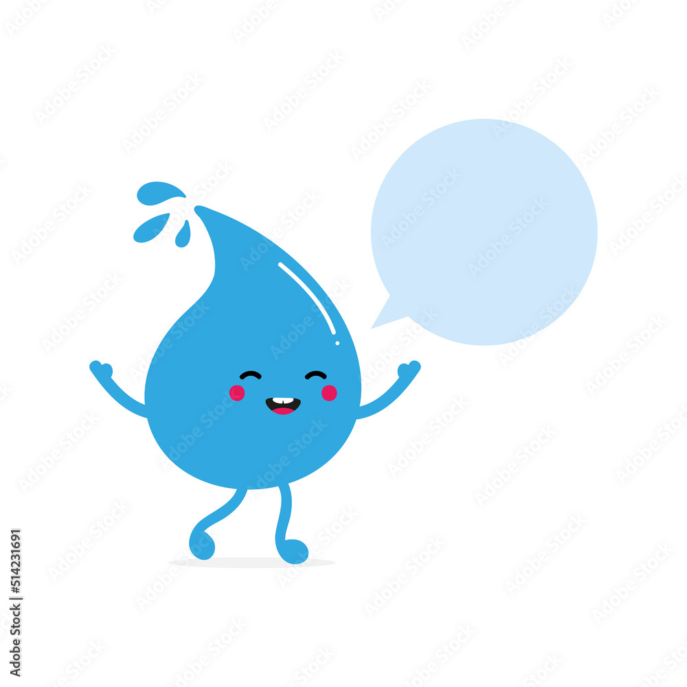 Cute cartoon style smiling blue water drop character with blank, empty speech bubble.
Cute cartoon style smiling blue water drop character with blank, empty speech bubble.