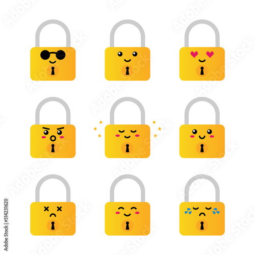 Set, collection, pack of lock emoji, vector cartoon style icons of golden locks characters with different facial expressions, happy, sad, shining, joyful.
