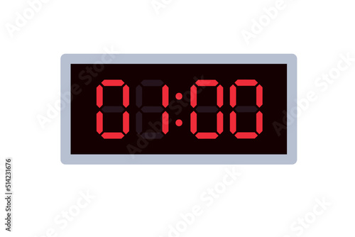 Vector flat illustration of a digital clock displaying 01.00 . Illustration of alarm with digital number design. Clock icon for hour, watch, alarm signs