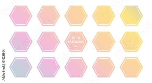 Set, collection of colorful gradient hexagon frames, labels, backgrounds. Social media icons, design elements. 