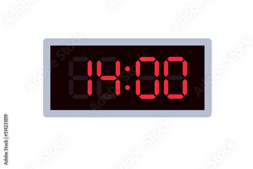 Vector flat illustration of a digital clock displaying 14.00 . Illustration of alarm with digital number design. Clock icon for hour, watch, alarm signs